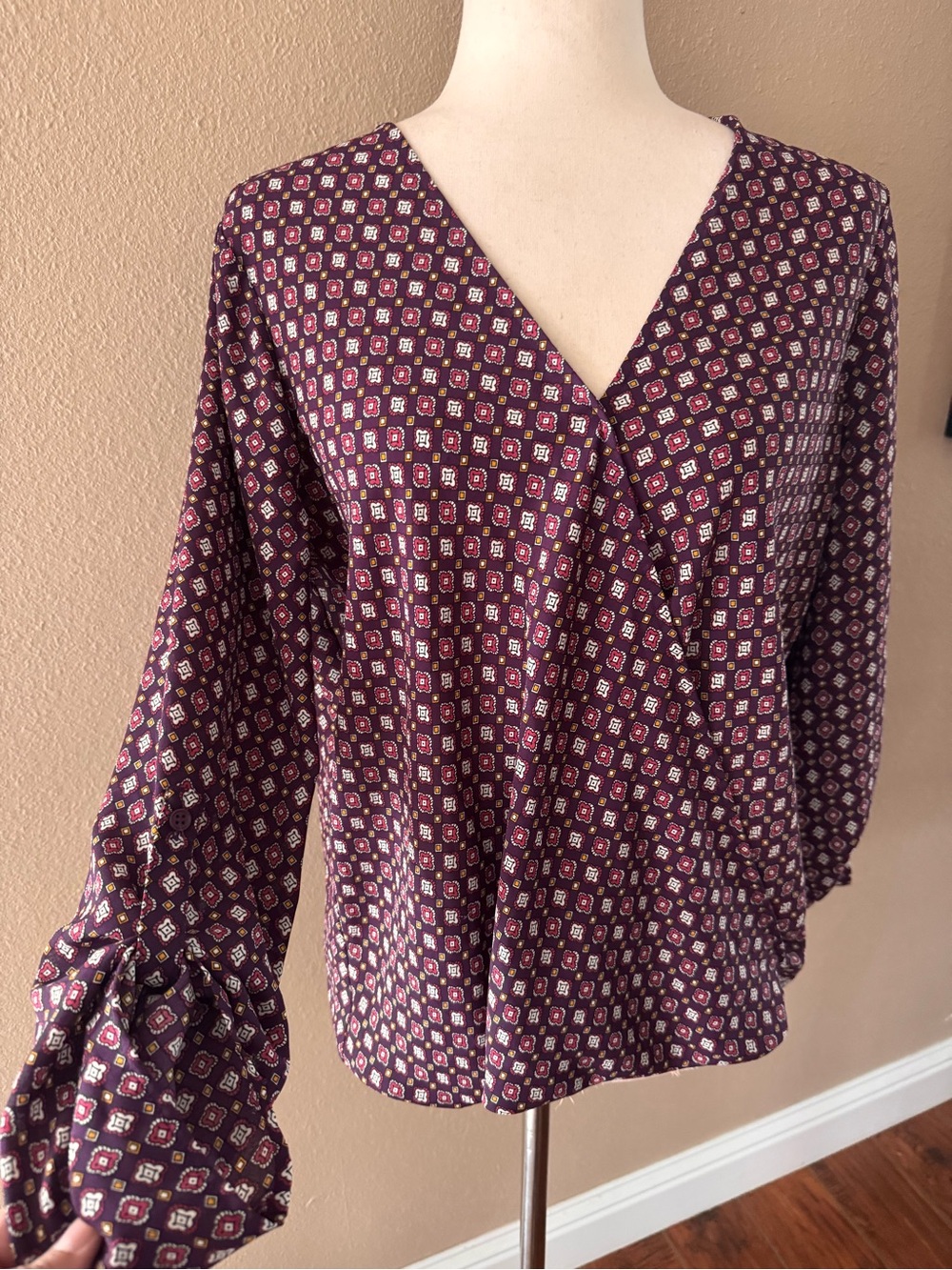 Pleione Plum Geometric V-Neck Blouse